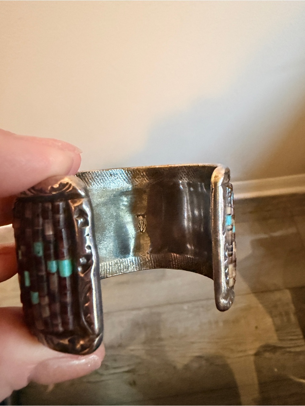 Native American Navajo Sterling Silver Penshell & Turquoise Heshi Cuff Bracelet - Picture 2 of 16